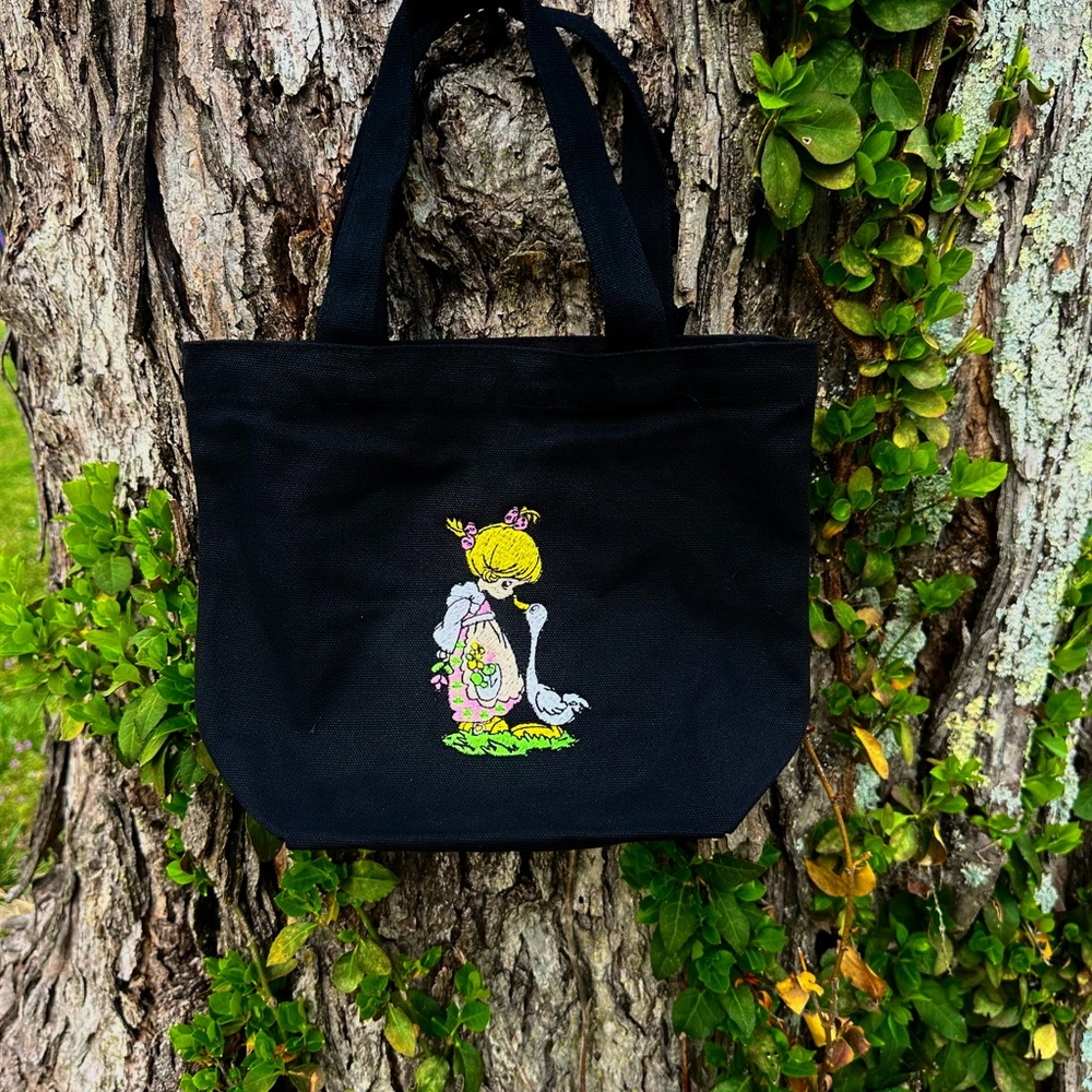 Precious moments Black Embroidered Tote Bag with Floral Girl Motif